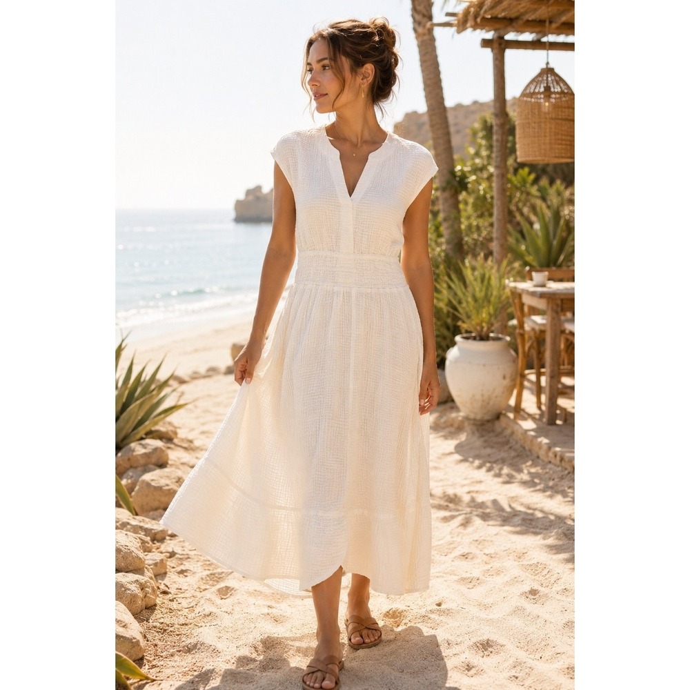Joe's Jeans Ivory Cotton Gauze Midi Dress XS Resort Beach Boho Cottagecore